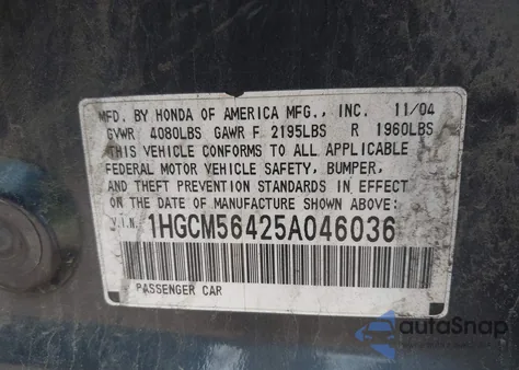 2005 Honda Accord 2.4 Lx from USA, damaged, VIN 1HGCM56425A046036